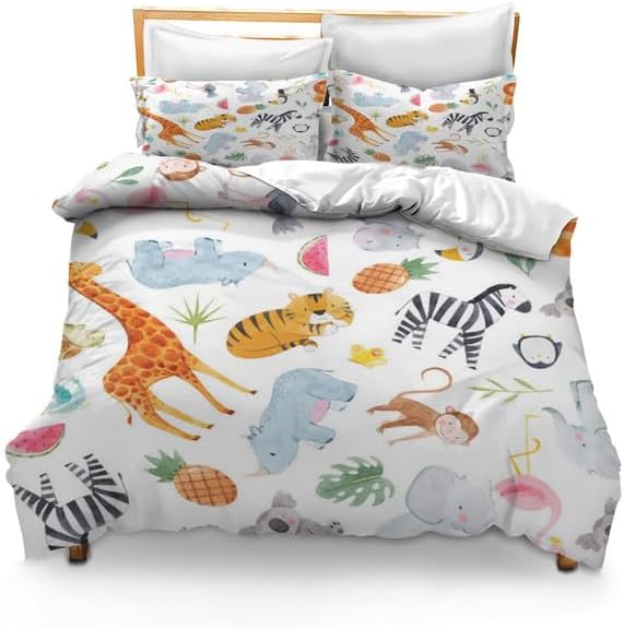 KPSheng Juego de funda de edredón de dibujos animados tamaño individual, juego de ropa de cama de animales de safari, bonito juego de funda de