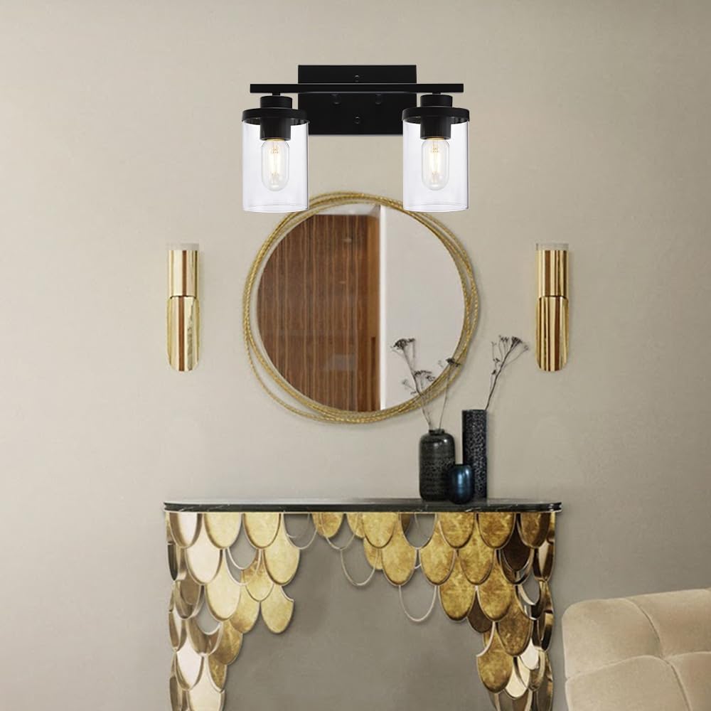 2 lámparas de pared para baño de luz negra con pantallas de vidrio transparente, iluminación de granja, apliques de pared para sala de estar
