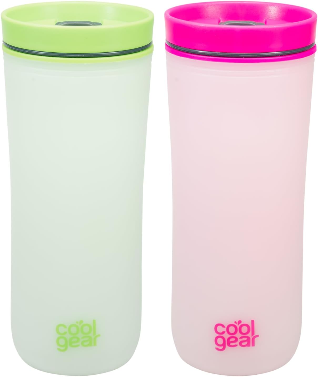 COOL GEAR Paquete de 2 tazas de viaje de café Sumatra de 16 onzas con tapa deslizante resistente a derrames  Vaso de color reutilizable – RosaVerde