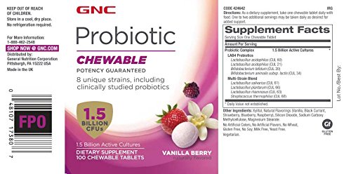 GNC Probiótico masticable con 1.5 mil millones de UFC  Vanilla Berry, 100 tabletas, apoyo probiótico diario