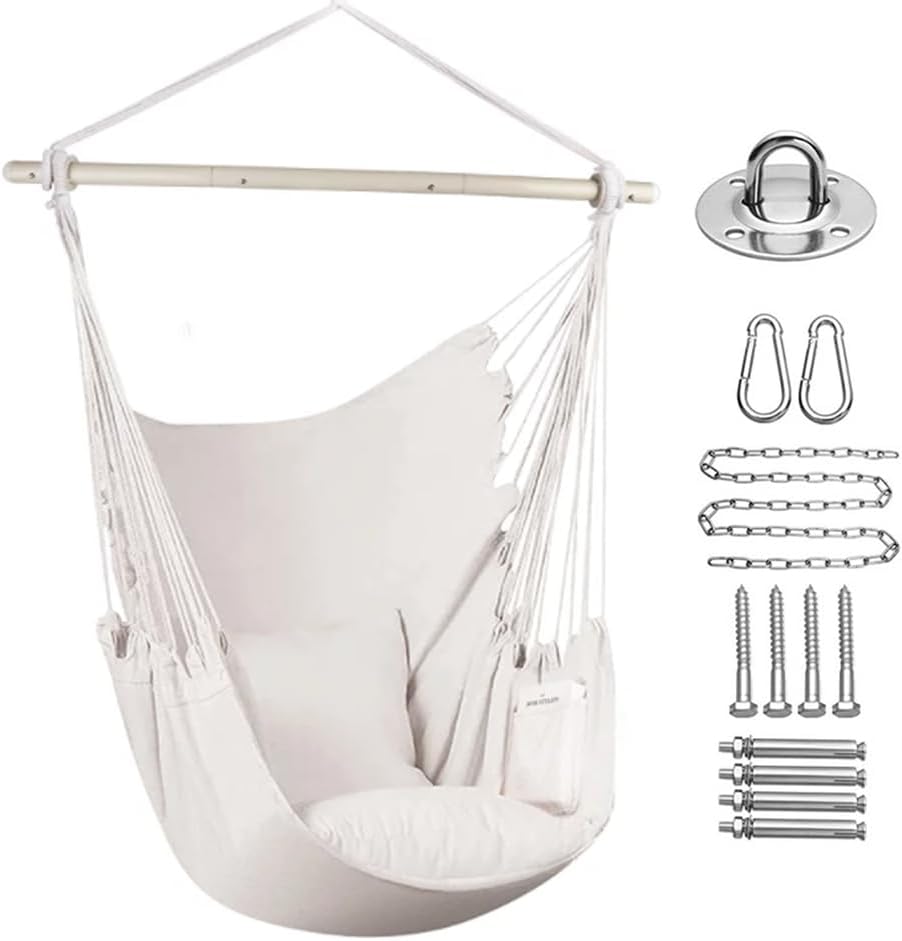 Silla de hamaca colgante con cuerda, silla colgante de lona gruesa que incluye 2 cojines de asiento, máximo 500 libras, hamaca columpio con barra de