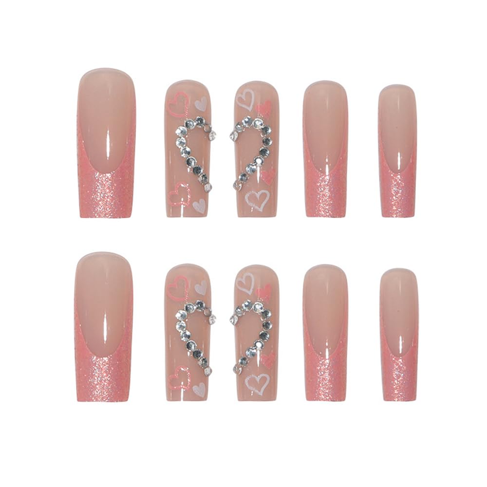 Uñas postizas largas a presión, color rosa, estilo ataúd, francesas, cobertura completa, con purpurina, uñas postizas acrílicas con diamantes de