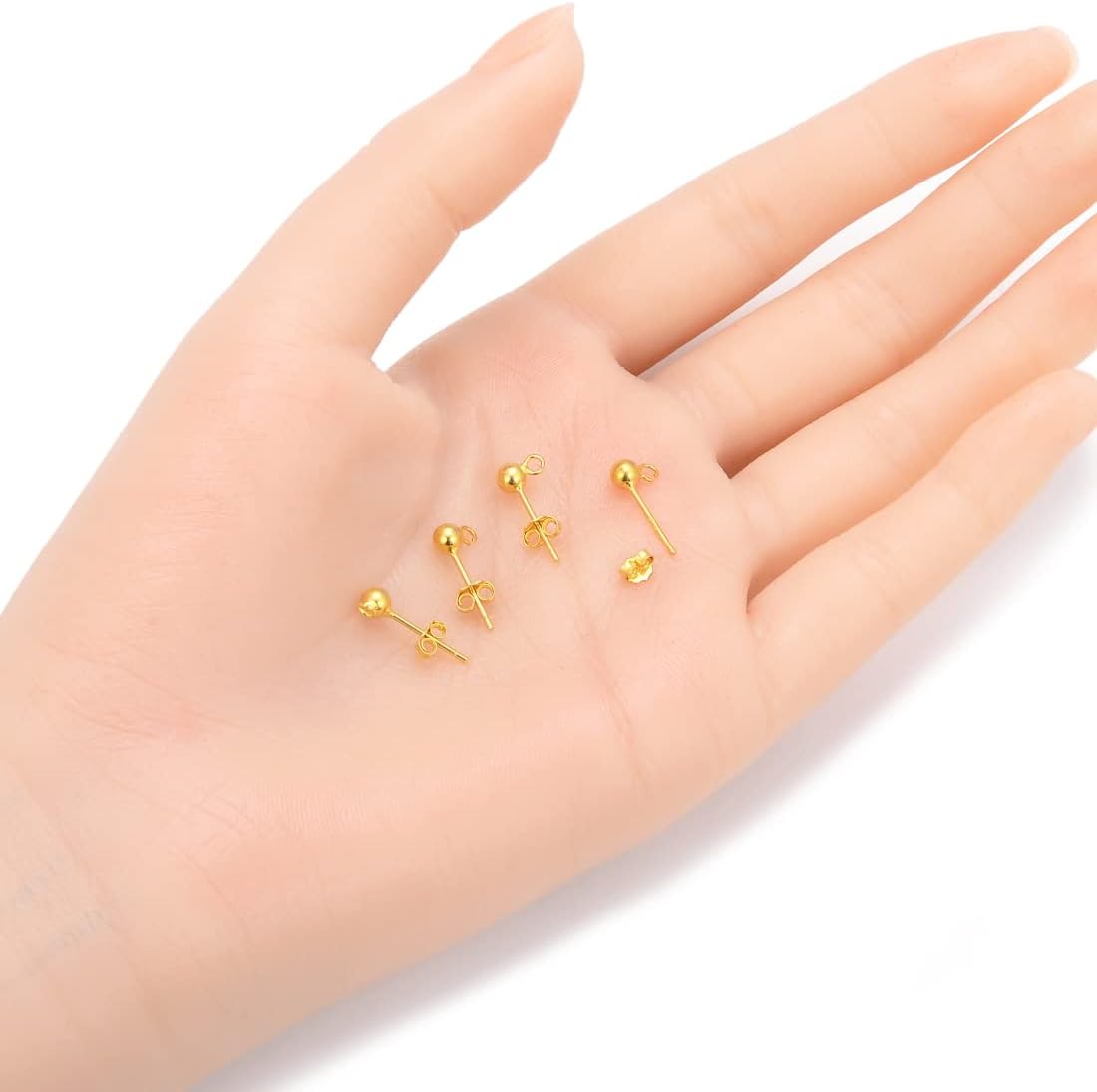 Adabele SS19-3.5 – 5 pares de aretes de plata de ley chapados en oro real, bola de 0.138 in con lazo abierto, orejera trasera, embragues de seguridad