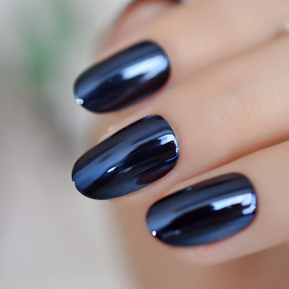 Coolnail Espejo metálico brillante azul gris mezcla de uñas postizas de metal azul ovalado redondo uñas postizas manicura uñas completas consejos de