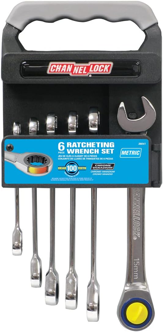 Channellock 38041 Juego de llaves de trinquete métricas en bastidor, 6 piezas, color plateado