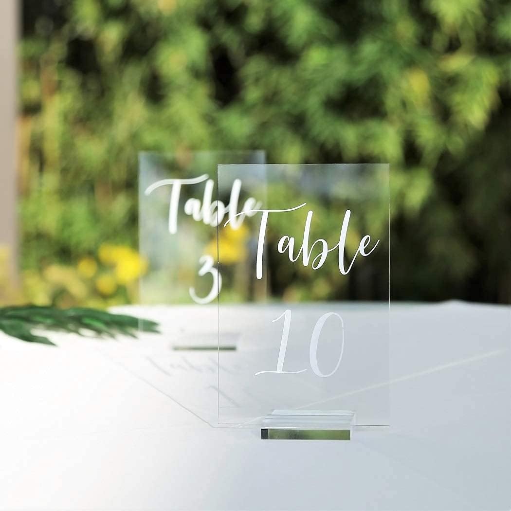 UNIQOOO Números de mesa de boda de acrílico del 1 al 10 con soportes, caligrafía impresa de 4 x 6 pulgadas, letreros transparentes y soportes para