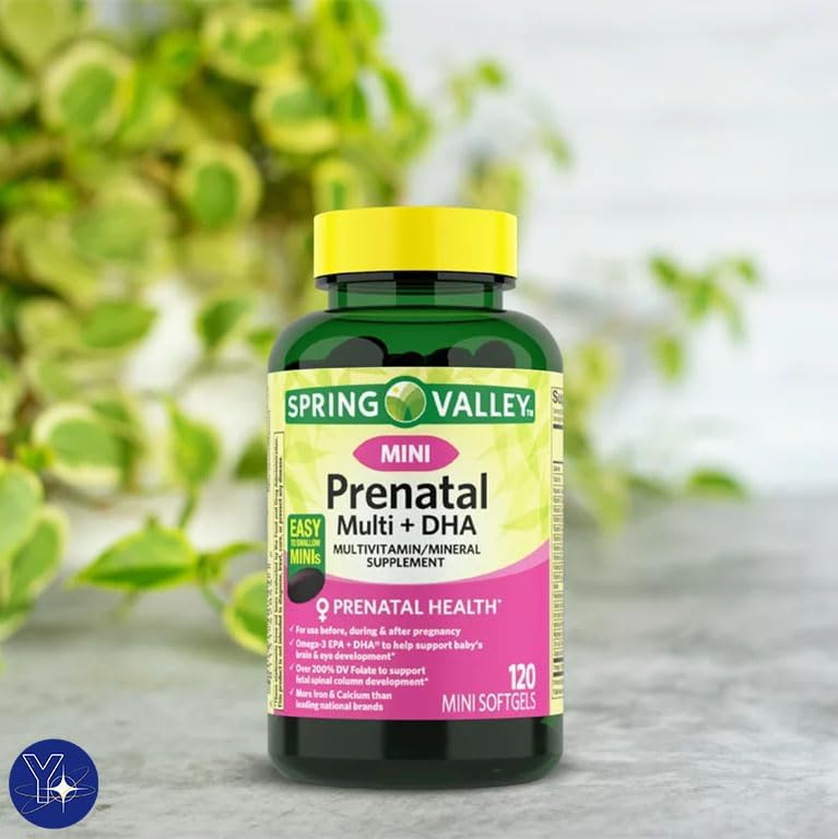 Mini prenatal Multi + DHA Suplemento multivitamínicomultimineral completo Spring Valley Mini Softgels, 120 unidades y marcador de regalo de YOLOMOLO