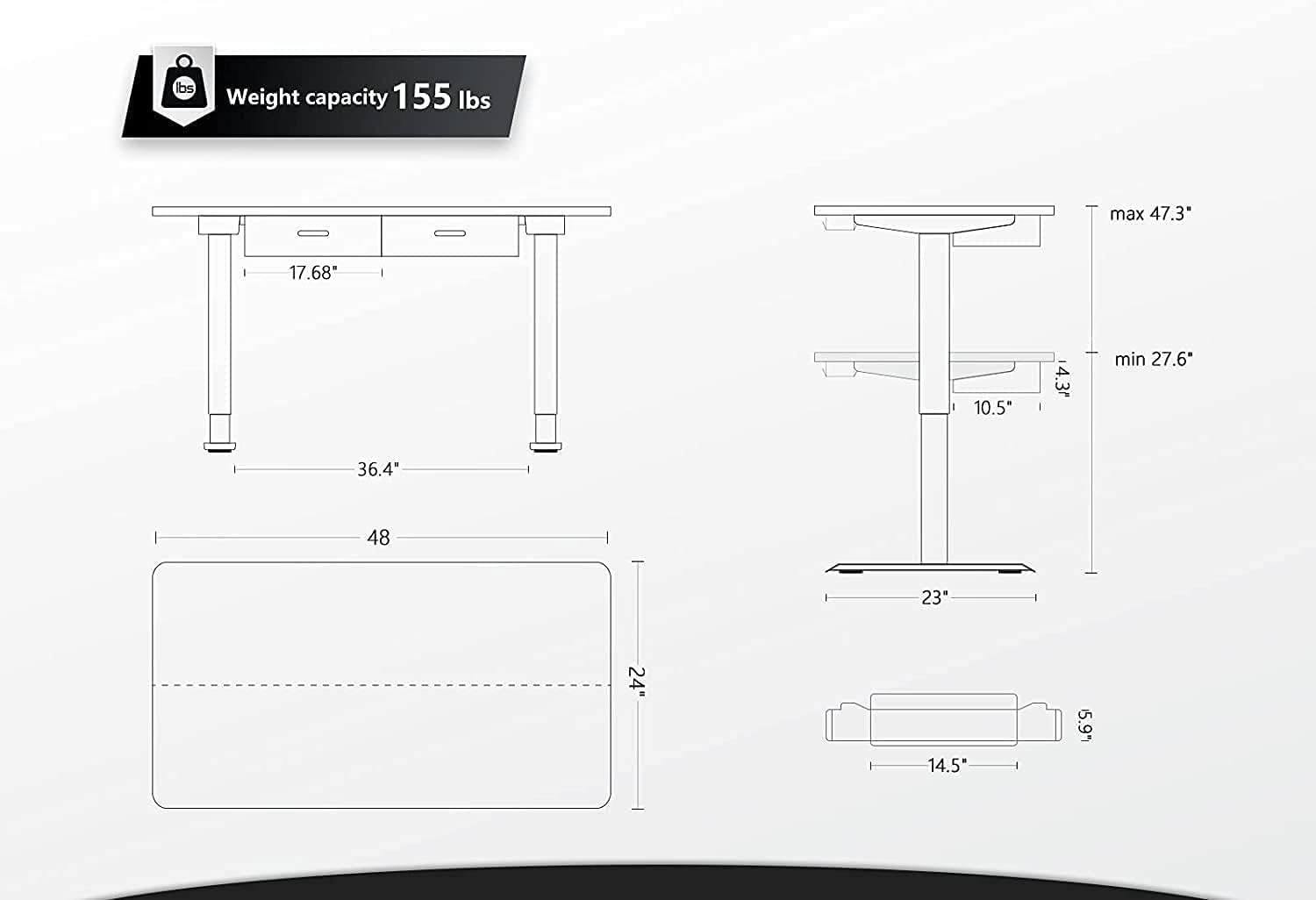 BANTI Escritorio eléctrico de pie de altura ajustable de 48 pulgadas con cajón doble, escritorio de oficina en casa con mesa de empalme, color blanco