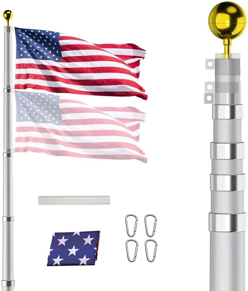 Kit de asta de bandera telescópica de 30 pies, de aluminio de calibre 16 resistente para exteriores con bandera de Estados Unidos de 3 x 5, para uso