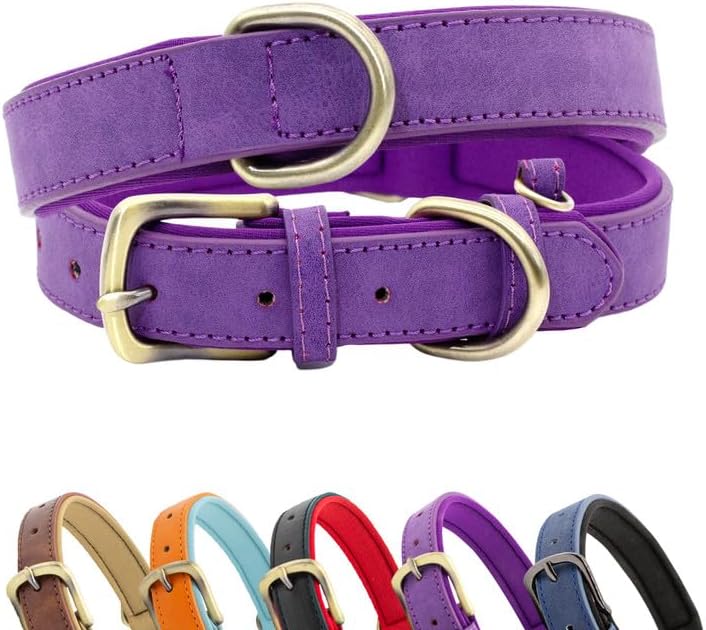 SUFEI Collar de cuero suave acolchado para perro, transpirable, ajustable, impermeable, collar táctico para mascotas con hebilla de metal duradera