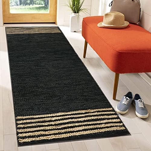 GRUHUM Alfombra rectangular de yute de 2 pies 6 x 14 pies, de fibra natural, color negro, rectangular, de cuero, tejida a mano, estilo bohemio,