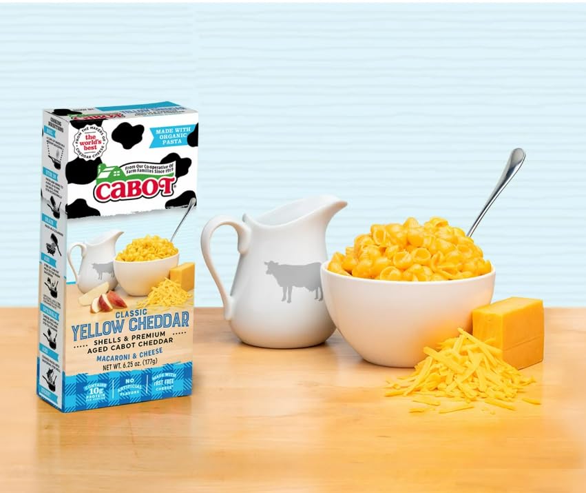 3 unidades de conchas de cabot y macarrones y queso cheddar añejados de primera calidad  Sabor clásico de cheddar amarillo  Cheddar envejecido y