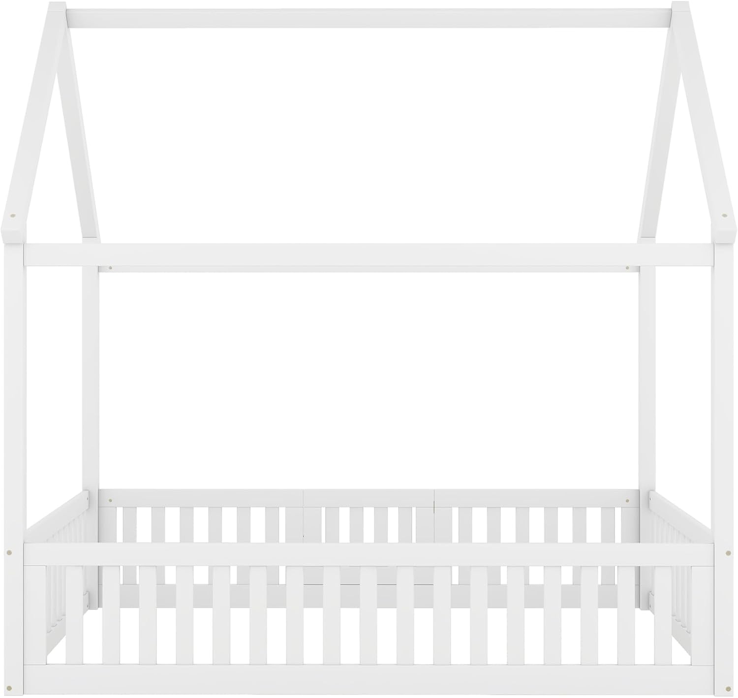 Marco de cama de casa para niños, cama Montessori de madera tamaño matrimonial con diseño de valla y puerta, cama de piso completo con rieles para