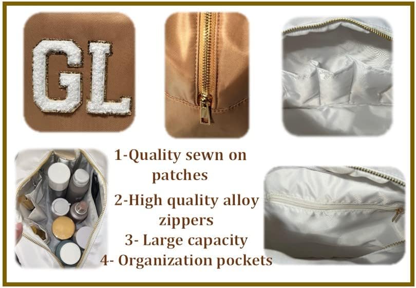 SkyTen – Bolsa de maquillaje con letras de chenilla, estuche de nailon para cosméticos, organizador de viaje Glam Stoney Trébol Dupe, Camello, Bolsa