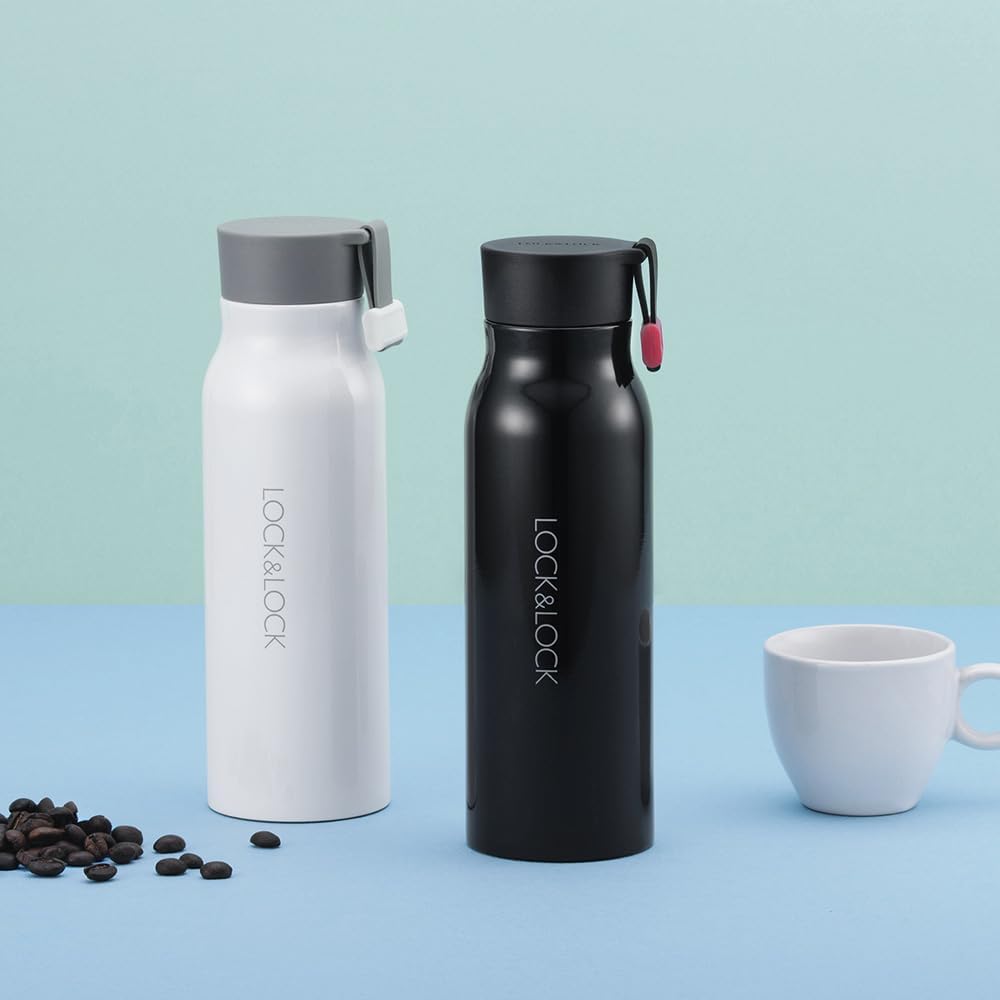 LocknLock – Vaso térmico de acero inoxidable de doble pared aislado al vacío de 12 onzas, sin BPA, con tapa y asa a prueba de fugas, color negro,