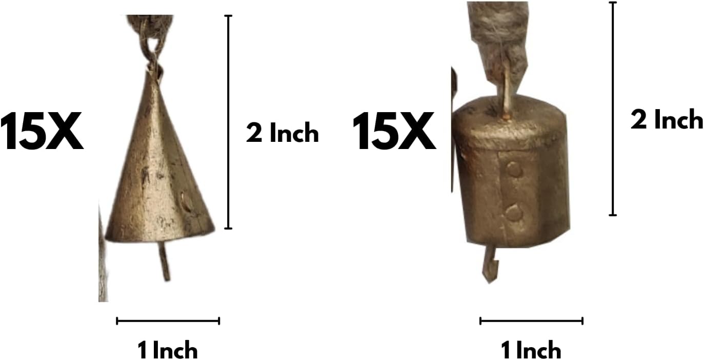 Campanas de vaca pequeñas rústicas rústicas de metal de la suerte hechas a mano con cuerda de yute de 1.6 in, paquete de 30 campanas de mezcla con