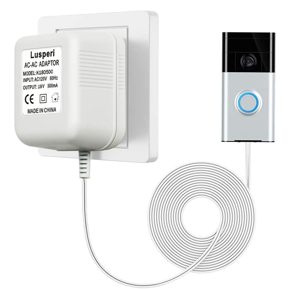 Transformador de timbre de puerta extralargo de 26.2 pies 18V500mA compatible con timbres de video inalámbricos Ring, Nest, Eufy, Wyze, Arlo (blanco)