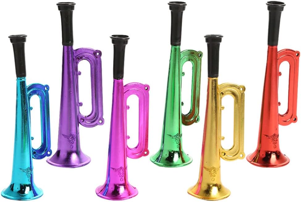 TOYANDONA 6 juguetes metálicos de trompeta, instrumento de trompeta para niños, instrumentos musicales de plástico para fiestas y eventos, recuerdos