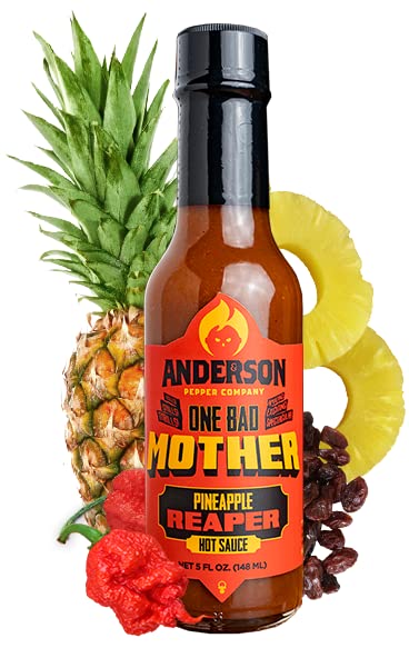 Anderson Pepper Company – Salsa picante One Bad Mother – Salsa picante Piña, Carolina Reaper, pasas, vegano, keto, sin gluten, totalmente natural,