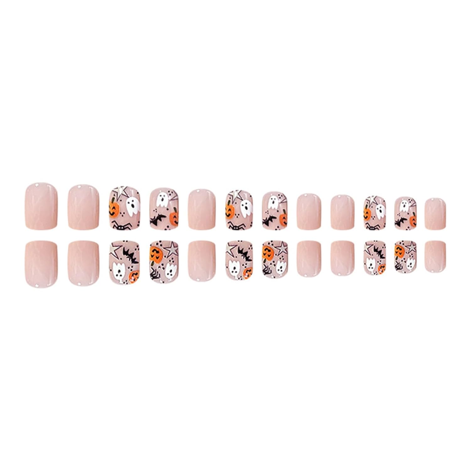 24 uñas postizas cortas a presión para Halloween, uñas postizas cuadradas de cobertura completa, uñas postizas rosas con lindos diseños de fantasma,