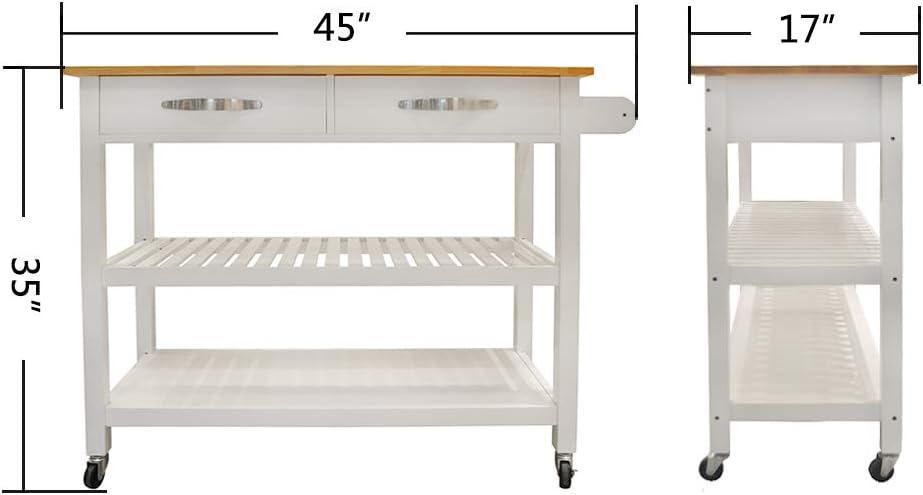 Isla de cocina rodante y carrito de cocina con 2 cajones, 2 estantes de almacenamiento, toallero y dos ruedas giratorias con bloqueo, mesa de