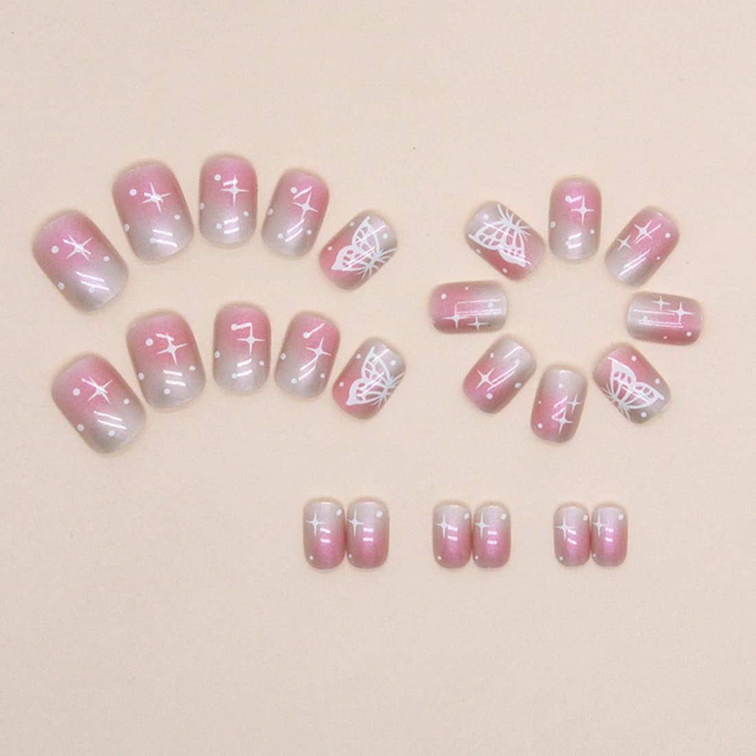 24 uñas postizas cuadradas cortas a presión, color rubor, degradado, con diseño de mariposa, uñas postizas de cobertura completa, uñas postizas a