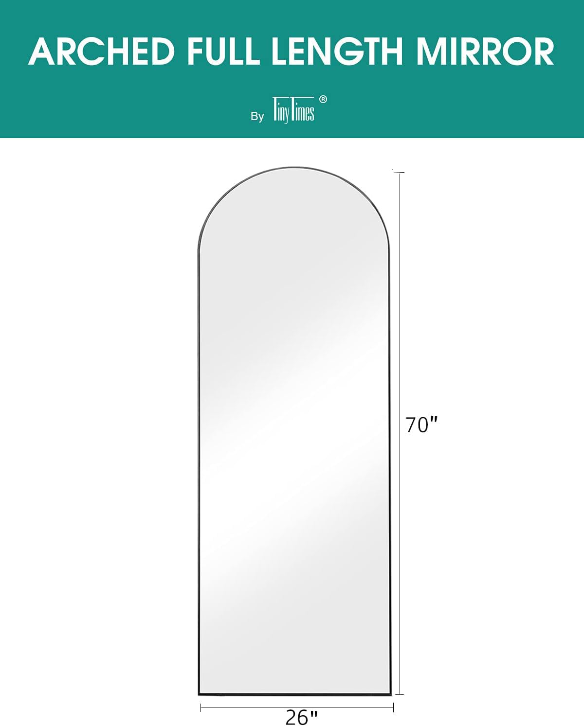 TinyTimes Espejo arqueado de longitud completa de 70 x 26 pulgadas, espejo de pie de longitud completa con soporte, espejo grande de cuerpo