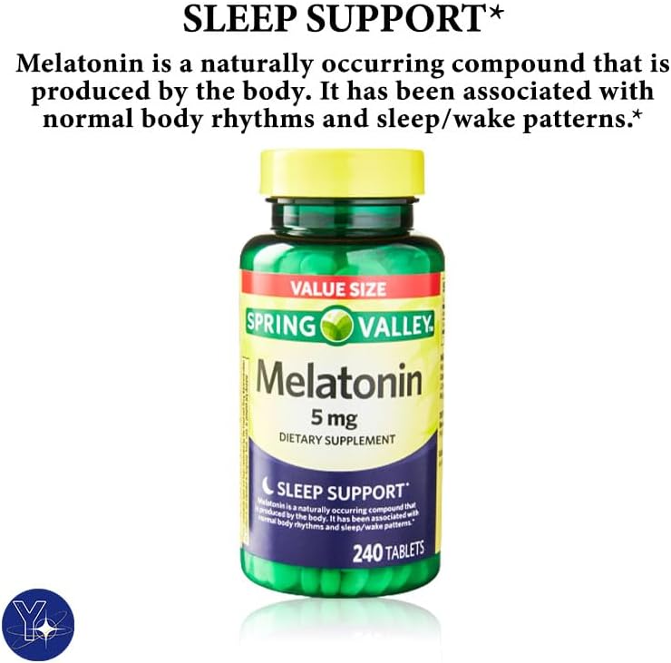 Tabletas de melatonina Spring Valley Suplemento dietético Tamaño de valor, 5 mg, 240 unidades y marcador de regalo de YOLOMOLO