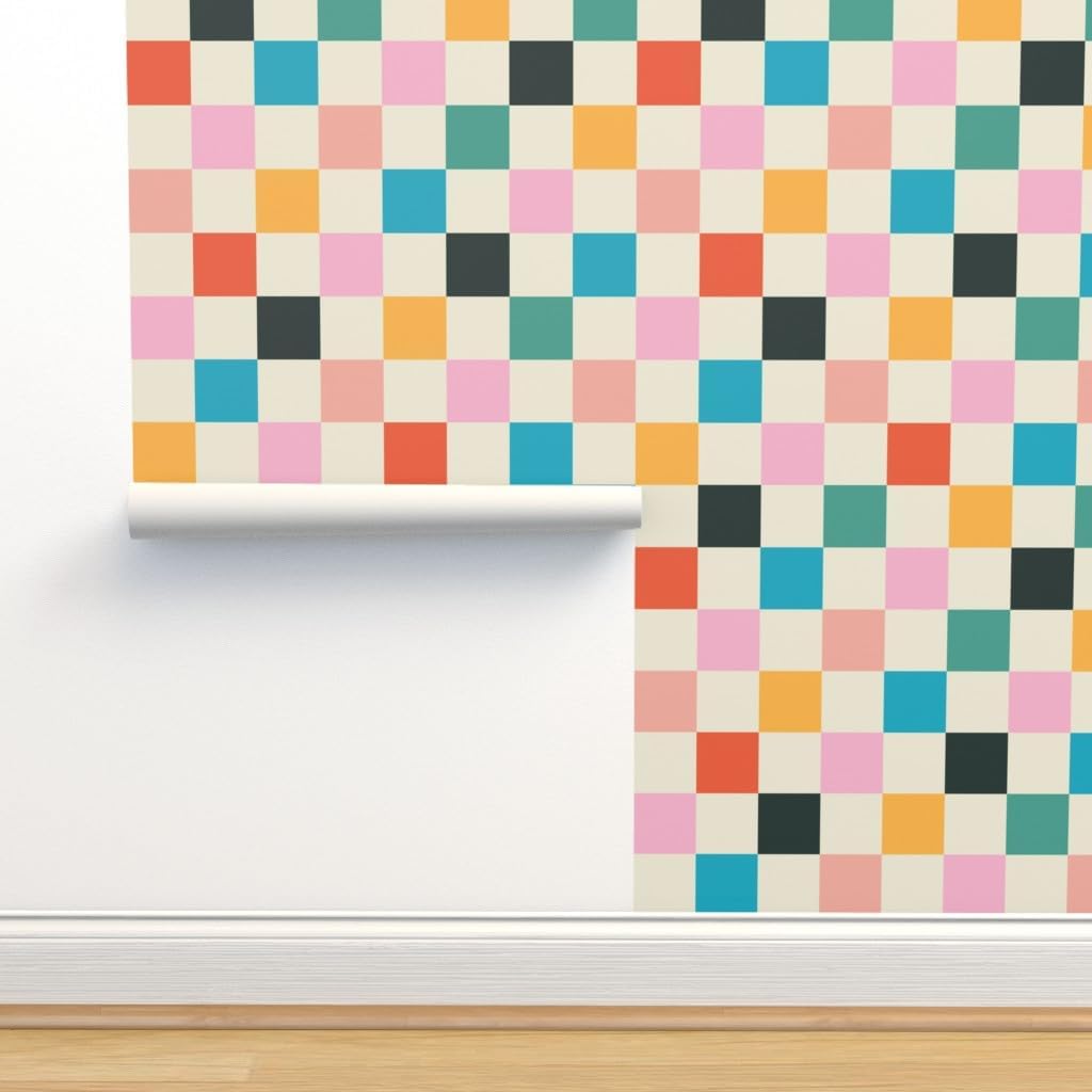 Spoonflower Papel tapiz autoadhesivo de 12 x 2 pies, papel tapiz retro de ajedrez rosa y naranja, moderno, multicolor, papel tapiz extraíble