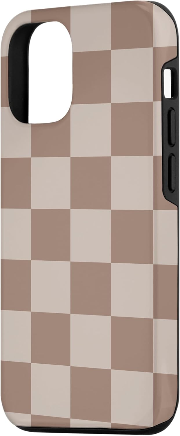 Funda para iPhone 14 marrón con diseño de cuadros grandes, color beige estético marrón
