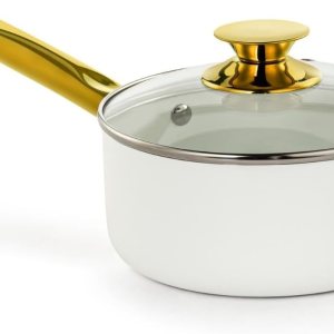 Holstein Housewares Cacerola antiadherente de cerámica blanca de 2.5 cuartos con tapa, color dorado y mango de acero inoxidable, elegancia dorada Holstein Housewares Cacerola antiadherente de cerámica blanca de 2.5 cuartos con tapa, color dorado y mango de acero inoxidable, elegancia dorada