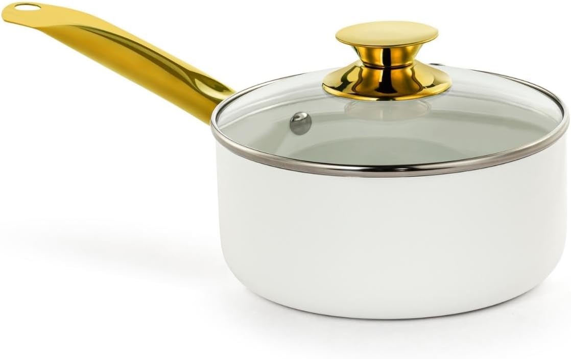 Holstein Housewares Cacerola antiadherente de cerámica blanca de 2.5 cuartos con tapa, color dorado y mango de acero inoxidable, elegancia dorada