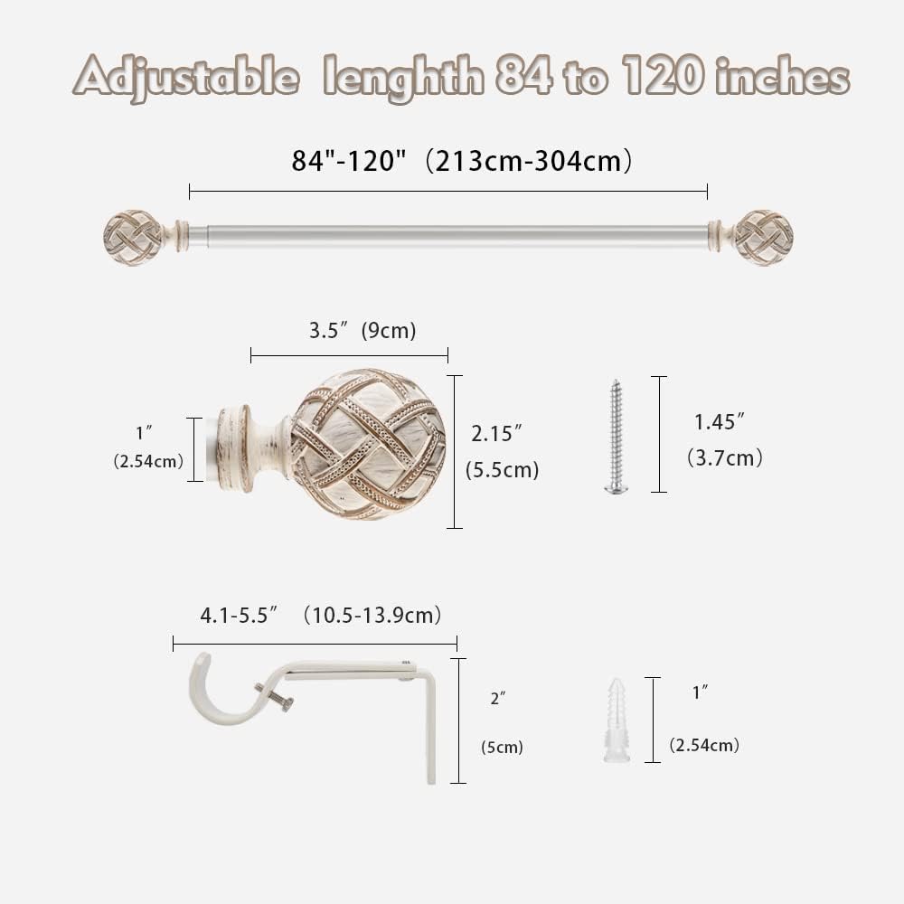 Ycolnaefllr Barra de cortina individual de 1 pulgada de diámetro para ventanas, cortineros decorativos de longitud ajustable de 84 a 120 pulgadas,
