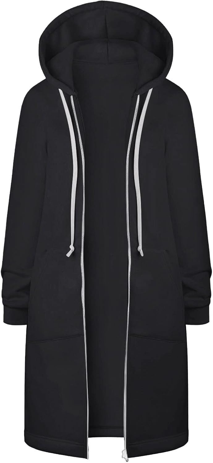 Sudaderas con capucha para mujer, con cremallera, hasta la rodilla, a la moda, casuales, de manga larga, cómodas, para otoño, con bolsillo