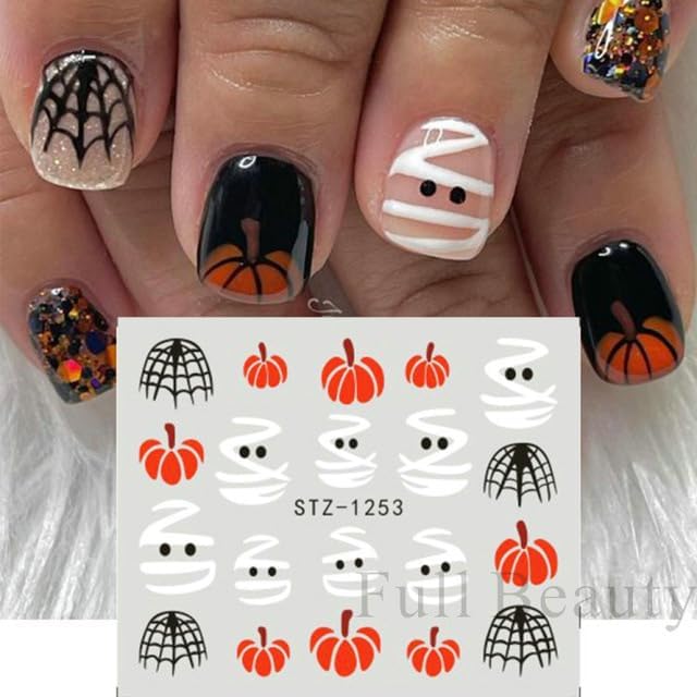 Diduikalor 6 calcomanías de arte de uñas de Halloween 3D, diseño de araña de esqueleto, diseño de arte de uñas, autoadhesivas, diseño de calavera