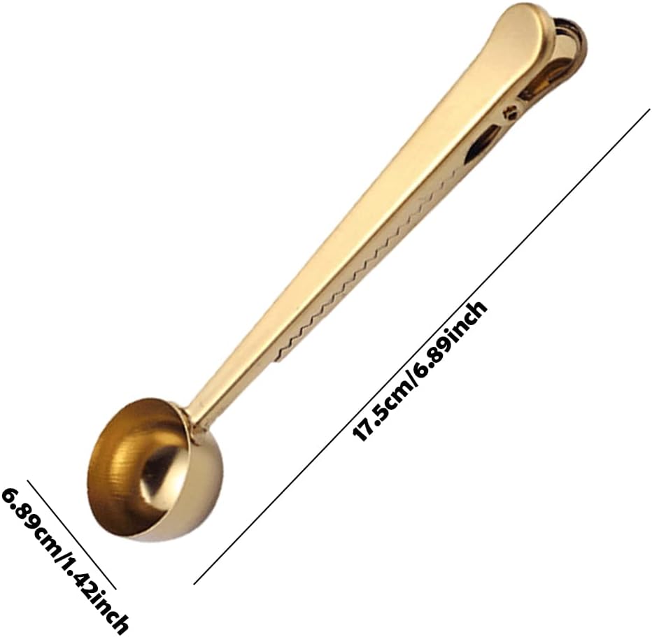 Clip de cuchara de café, cucharada de acero inoxidable, cuchara medidora de café, clip de bolsa de sellado para té, café (dorado)