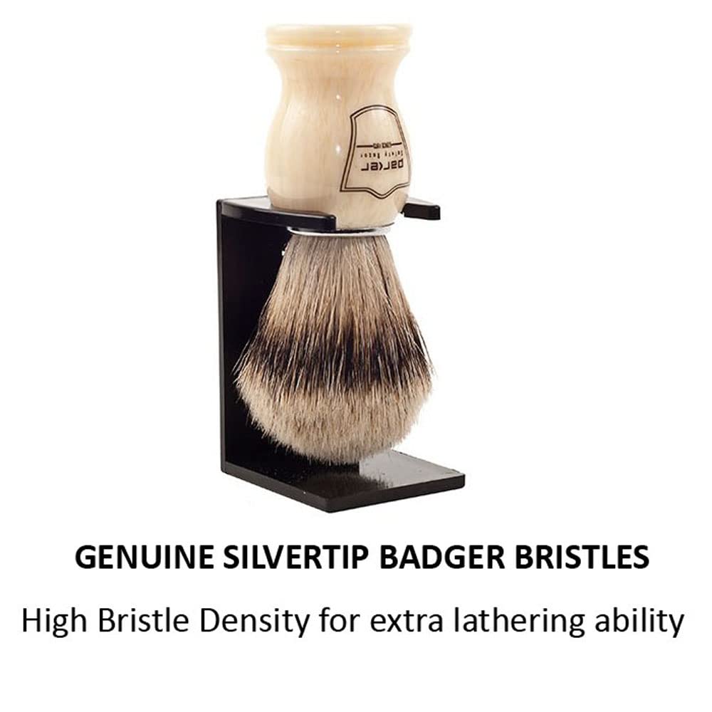 Parker’s – Brocha de afeitar 100% de cerdas de tejón Silvertip – Soporte para cepillo incluido (mango blanco)
