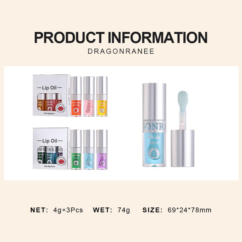 Juego de 3 aceites hidratantes para labios, aceite hidratante para labios, brillo labial, transparente, sin pegajoso, bálsamo labial, cuidado de