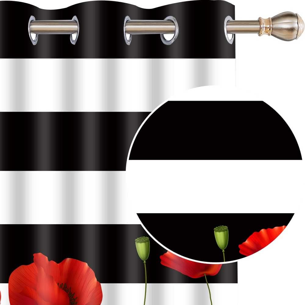 CLOKEO0343 – Cortina de amapola con diseño de flores rojas, rayas blancas y negras, para oscurecer la habitación, con aislamiento térmico y ojales,