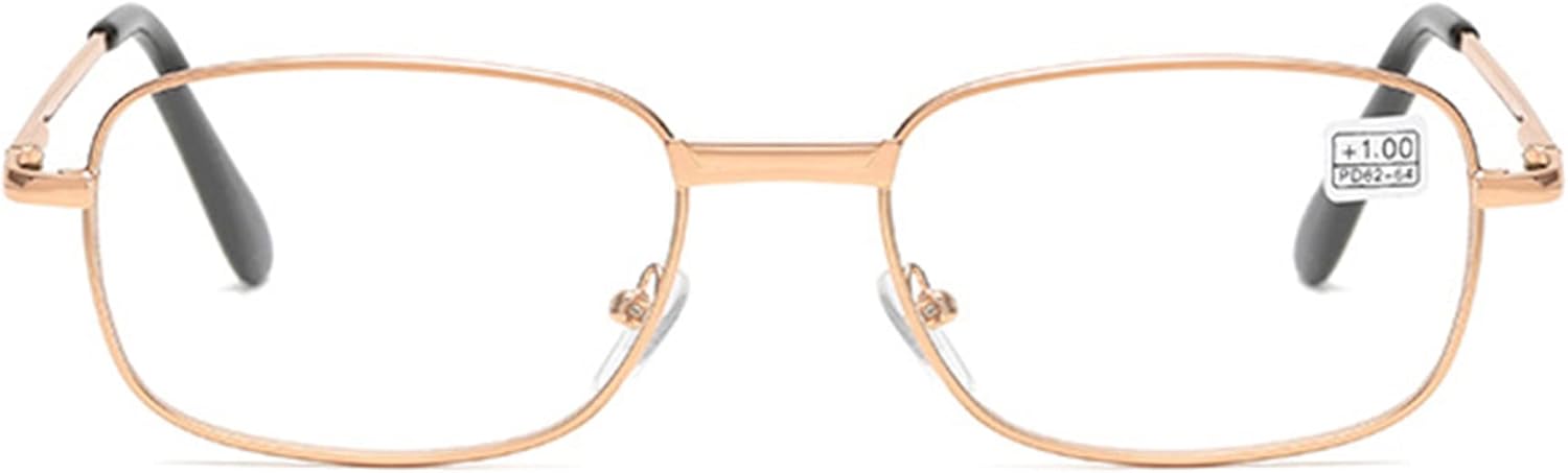 Gafas de lectura para hombres y mujeres, marco rectangular de metal con bisagra de resorte cómoda + correa para gafas