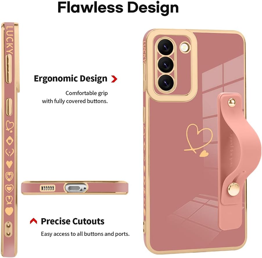 ZIYE Funda galvanizada de lujo para Galaxy S21 Plus 5G con correa chapado en corazón dorado para mujeres y niñas, antiarañazos, a prueba de golpes,