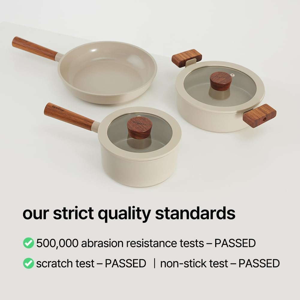 dogado Sartén orgánica y olla con mango de madera, utensilios de cocina de cerámica antiadherentes, sartén multiusos, beige arena (cacerola)