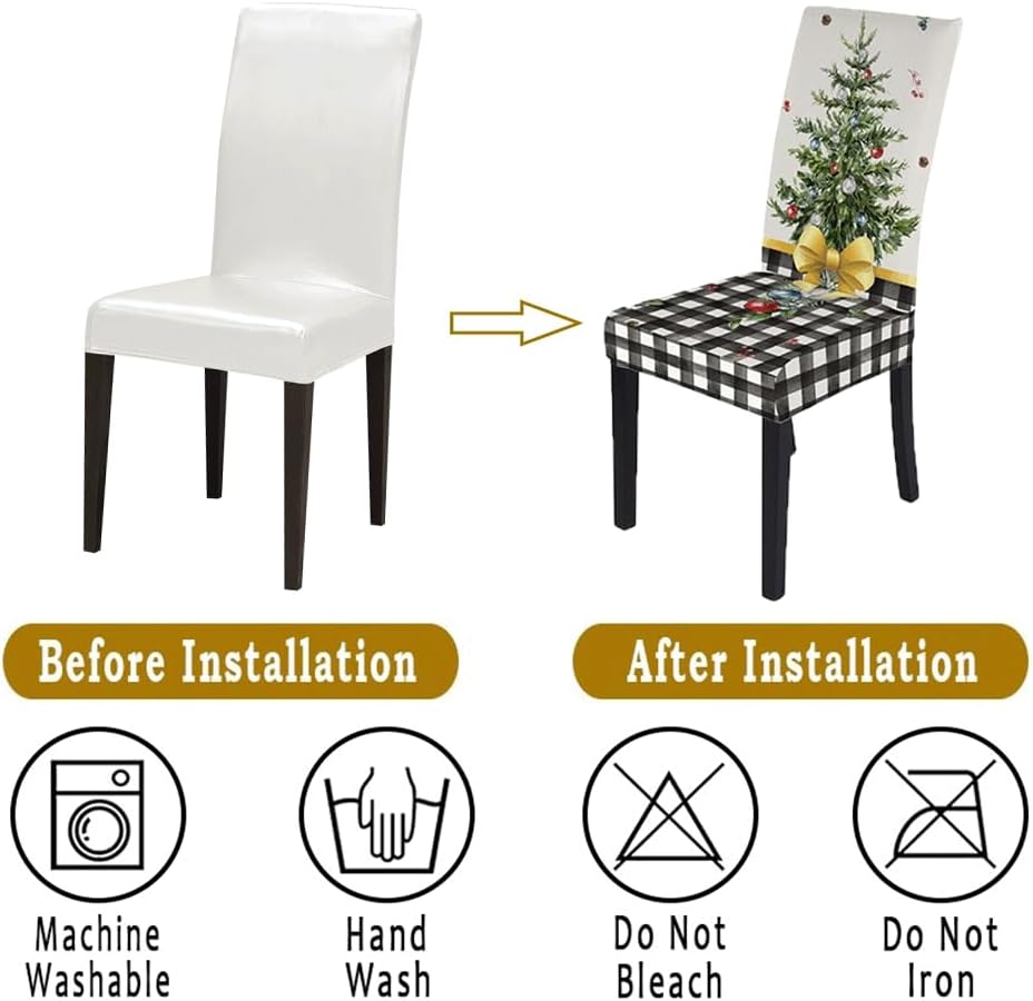Juego de 6 fundas para sillas de Navidad, diseño de búfalo a cuadros, color blanco y negro, elástico, desmontable, lavable, decoración para sillas