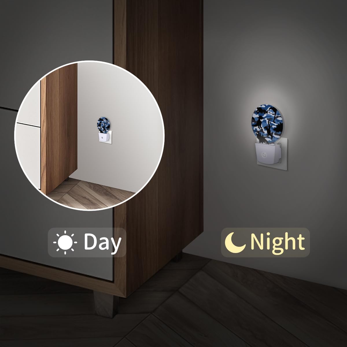 Juego de 2 luces nocturnas de dinosaurio de camuflaje para enchufar a la pared, con sensor automático del anochecer al amanecer, lámparas LED de