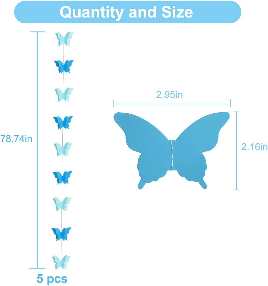 Guirnalda de papel de mariposa azul 3D para colgar en el hogar, decoración de techo, fiesta de cumpleaños, baby shower, boda, suministros de