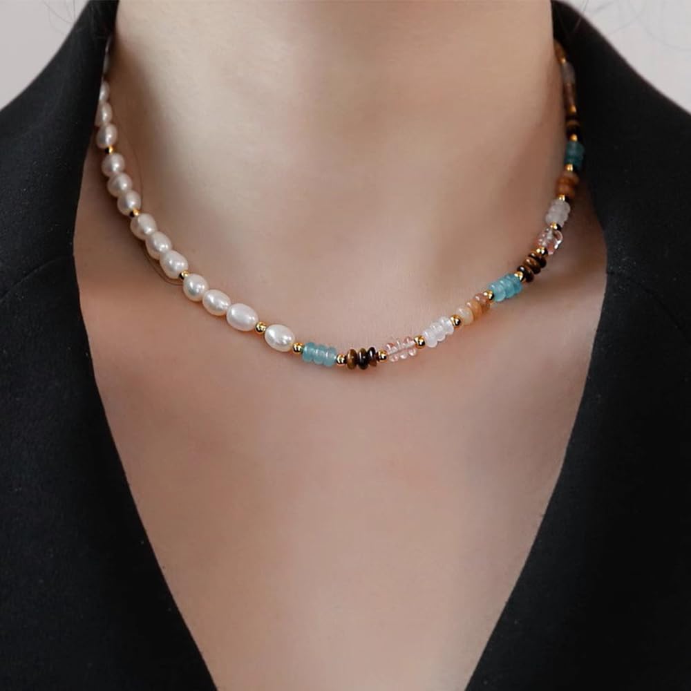 Freshwater Pearl Strand Necklace Tiger Eye Natural Gemstone Handmade Chain 18K Gold Jewelry Birthday Gift for Women 19inch Valentine Gift for Her