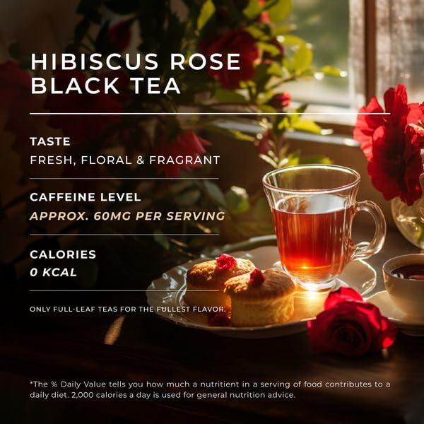 Gya Tea Co Té negro de rosa de hibisco, hojas sueltas, té de hibisco, té de rosa con cafeína, té negro de hibisco 100% natural sin ingredientes