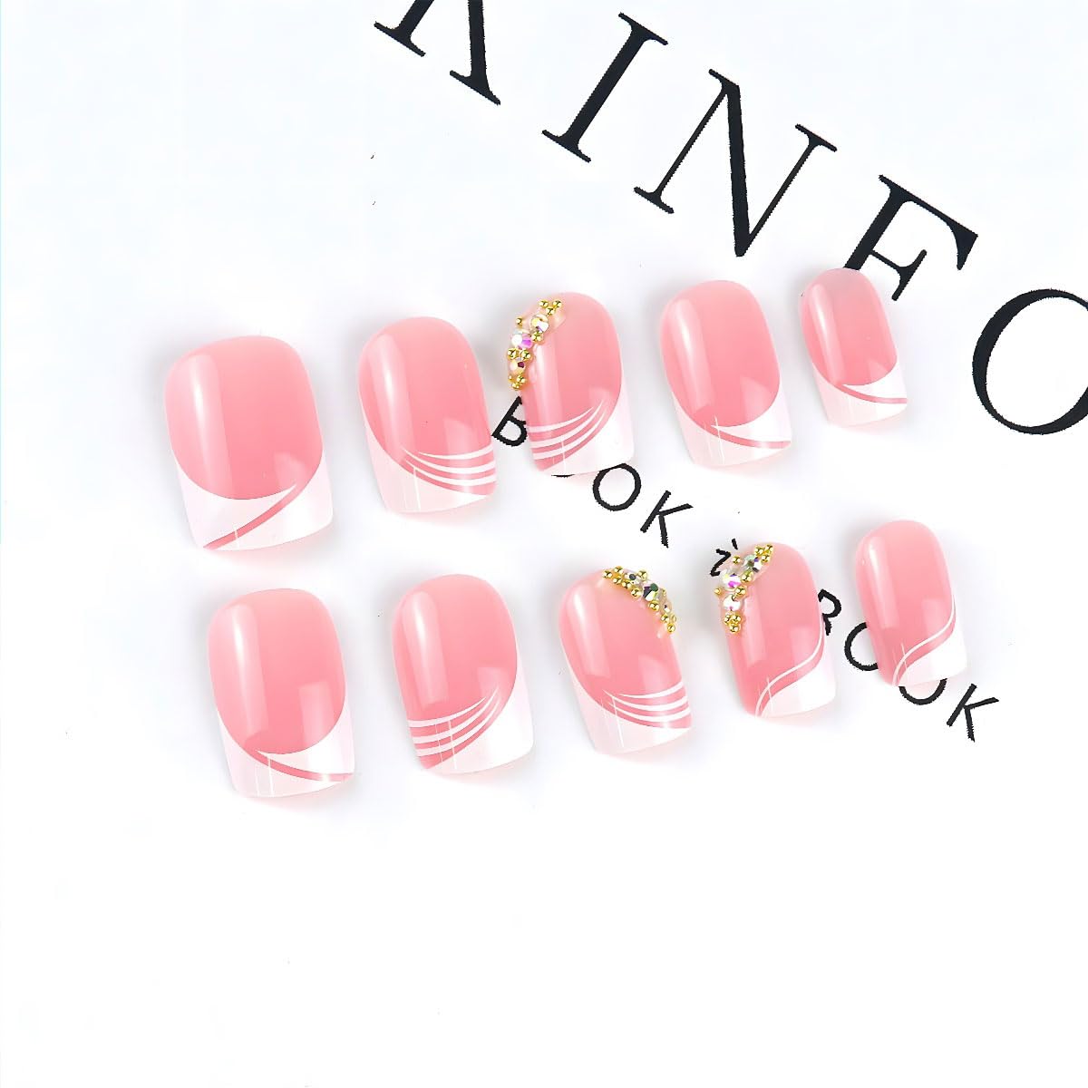 Uñas postizas cuadradas cortas a presión, 24 piezas de uñas postizas blancas francesas con diamantes de imitación, juego de herramientas adhesivas
