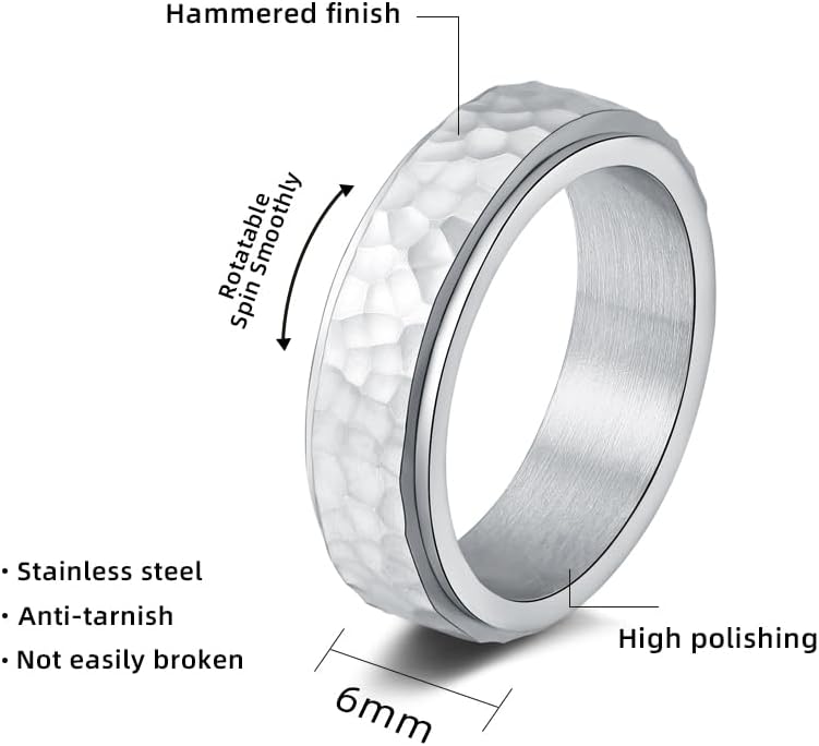 Fidget Rings for Anxiety for Women Girls Stainless Steel SilverGoldBlack Anxiety Relieving Spinner Ring Hammered Finish