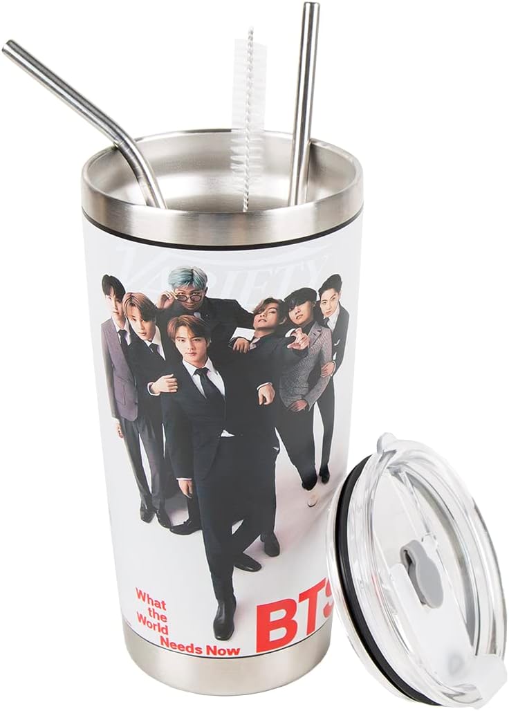 Maxerkeep Botella de agua Bangtan Boys de 20 onzas, vaso aislado al vacío de acero inoxidable, taza de café aislada con tapa para popote y tapa